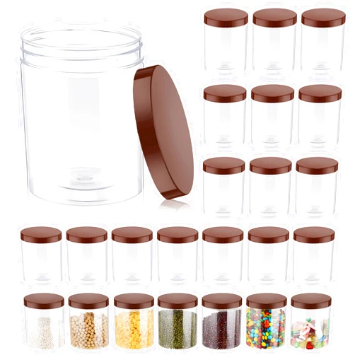 Irenare 24 Pcs 16 oz Clear Plastic Jars with Ribbed Lids Wide Mouth Food Plastic Mason Jars 16 oz Airtight Paint Storage Containers for Dried Fruit, Honey, Nuts, Kitchen Household (Brown Lids)