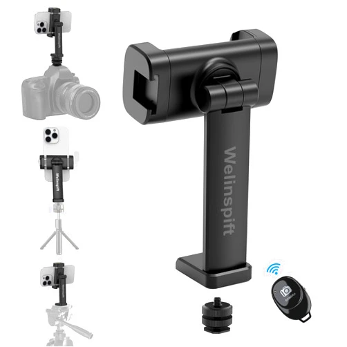 Welinspift Phone Tripod Mount Holder with Cold Shoe & 1/4” Thread, 360° Rotating Smartphone Tripod Adapter with Remote for iPhone, Samsung - Ideal for Selfie Stick, Live Streaming, Video Recording & Vlogging