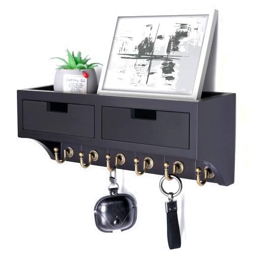 Rebee Vision Key Holder Wall Mount with 2 Drawer Organizer : Decorative Mail Organizer with 6 Key Hooks & Small Wall Shelf - Modern Home Decor for Apartment Essentials (Black)