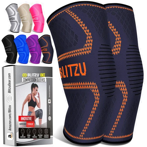 BLITZU Knee Brace for Women & Men, 2 Pack Compression Knee Brace, Knee Support Sleeve for Pain Relief, Running, Workout, Sports, Knee Braces for ACL, Meniscus Tear, Arthritis and Injury Recovery Orange S