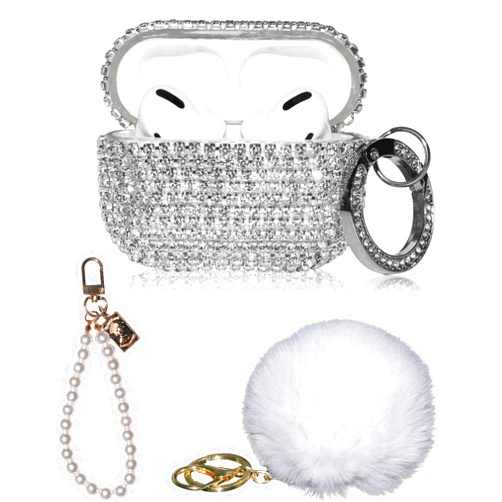 GAFKIDFO 4in1 Bling AirPod Pro Case Diamonds Cover Set Kit, Luxurious Rhinestone PC for AirPods Pro Case Accessories for Women Girl w/Cute Fur Ball Pompom Keychain/Crystal Bracelet/Lobster Clasp Keychain