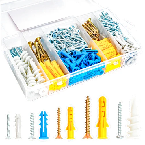 KURUI Drywall Anchors and Screws Assortment Kit 350PCS, 175 Plastic Wall Anchors and 175 Philips Flat Head Screws, 5 Sizes Screws and Dry Sheetrock Anchor, with Self Drilling Drywall Anchors