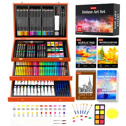 Soucolor Art Supplies, 192-Pack Deluxe Art Set Drawing Painting Supplies Art Kit with Acrylic Pad, Watercolor Pad, Sketch Book, Canvases, Acrylic Paint, Crayons, Pencils, Gifts for Artists Adults Kids