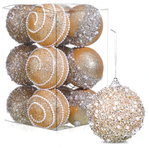 Liliful 12 Pcs Christmas Ball Ornaments Christmas Tree Decorations Foam Glitter Balls Hanging Xmas Tree Balls for Home New Year Holiday Indoor Outdoor Party Decor(Champagne,3.54 Inch)