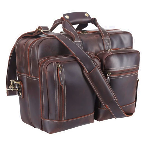 Masa Kawa Leather Briefcase for Men Expandable Large 17 Inch Laptop Crossbody Shoulder Bag Business Travel Duffel Attache Case