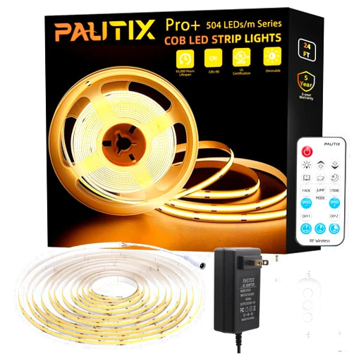 PAUTIX COB LED Strip Light 3780LEDs,Super Bright 8000 Lumen 3000K Warm White 24ft/7.5m,Dimmable 24V LED Tape Light with 3M Tape,RF Remote with Timer Function,48W Adapter,for Bedroom,Home,Kitchen DIY
