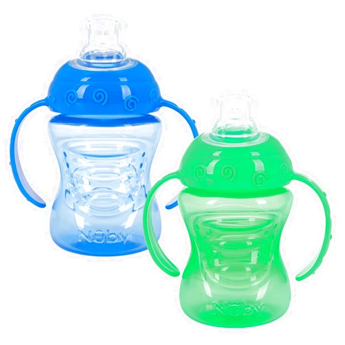 Nuby 2 Pack Sippy Cups with Soft Spout - 10 Oz Toddler Cups Spill Proof with Easy Grip - Dishwasher Safe (Blue & Green)