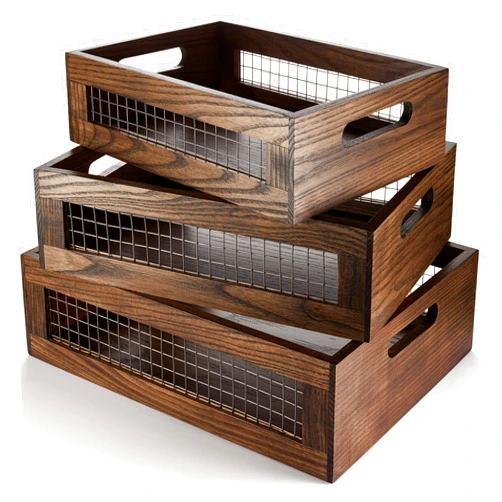 NAGAWOOD Wooden Nesting Countertop Baskets Set of 3 for Kitchen, Bathroom, Pantry,Wooden storage organizer For Fruit, Vegetables,Wooden Crate with handles,Decorative Walnut Wood and Metal Wire