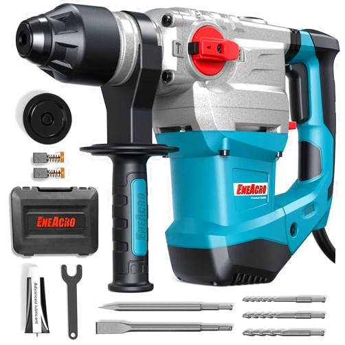 ENEACRO 1-1/4 Inch SDS-Plus 13 Amp Heavy Duty Rotary Hammer Drill, Safety Clutch 4 Functions with Vibration Control Including Grease, Chisels and Drill Bits with Case