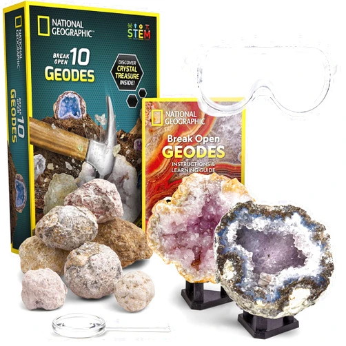 NATIONAL GEOGRAPHIC Break Open 10 Premium Geodes – includes Goggles and 2 Display Stands - Great STEM Science Kit, Geology Gift for Kids, Break Your Own Geodes with Crystals, Toys for Boys and Girls