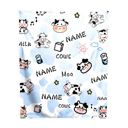 BLYIUKR Personalized Cow Print Blanket with Name，Text Custom Cow Blanket Soft Warm Cozy Flannel Cow Print Bedding Throw Blankets for Sofa Girls Boys Adults Birthday Newborn Gifts