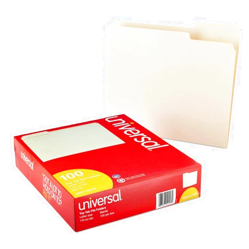 Universal UNV12113EE 1/3-Cut Assorted Top Tab File Folders - Letter Size, Manila (100/Box)