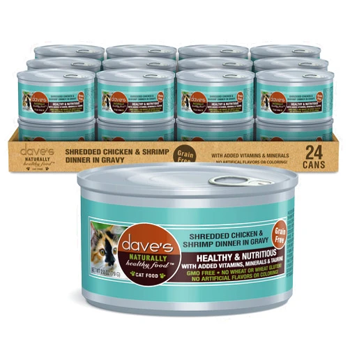 Dave's Pet Food Grain Free Wet Cat Food (Shredded Chicken & Shrimp in Gravy), Naturally Healthy Canned Cat Food, Added Vitamins & Minerals, Wheat, Gluten & GMO-Free, 2.8 oz Cans (Case of 24)