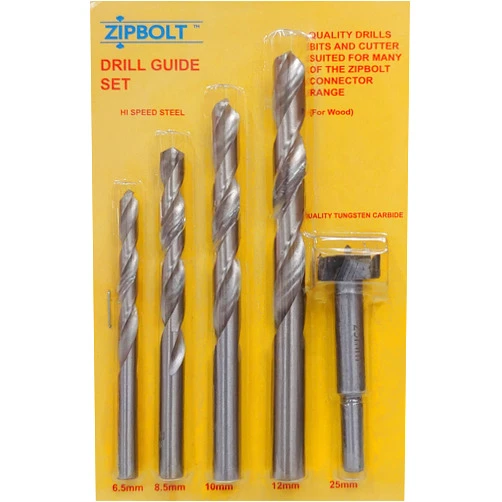 Zipbolt 40.285 Replacement Drill Bit Set for Universal Drill Guide Woodworking Project Kit - Includes HSS 6.5mm, 8.5mm, 10mm, 12mm, Drill Bits and a 25mm Carbide-Tipped HSS Forstner Bit