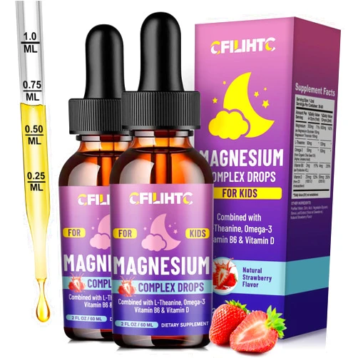 CFILIHTC Kids Magnesium Liquid Drops-Magnesium Glycinate Liquid for Kids Supplement-w/L-theanine, Omega-3, Vitamin B6, D3 - for Sleep, Relaxation, Brain, Bones - 4 Fl Oz Children's Calm