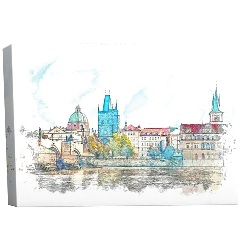 SIGNWIN Canvas Wall Art Charles Bridge with Vltava River in Prague Places Landmarks Watercolor Impressionism Global Scenic Urban Pastel for Living Room, Bedroom, Office - 16x24 inches