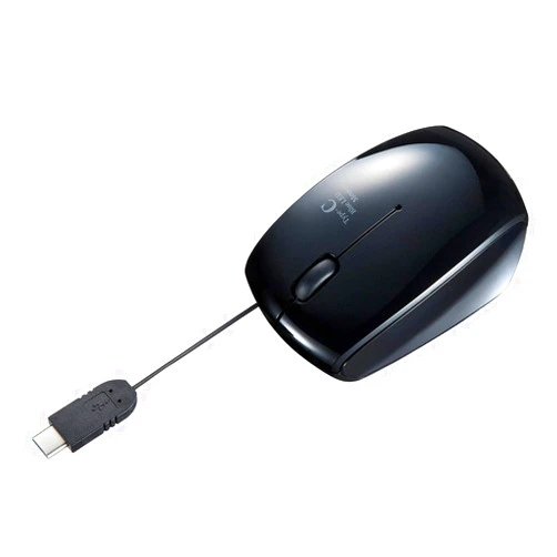 Sanwa Supply MA-BLC122BK USB Type-C Winding Mouse, Blue LED, 3 Buttons, Small, Black