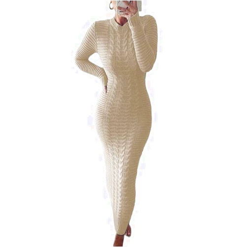 chouyatou Women's Sexy Crewneck Long Sleeve Cable Knit Bodycon Maxi Pullover Sweater Dress