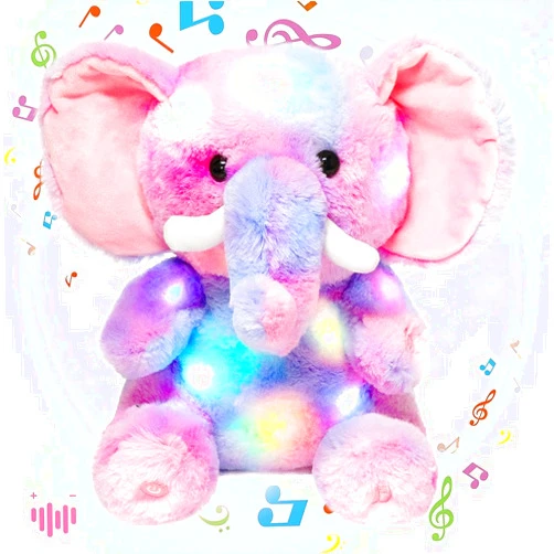 Hopearl Colorful LED Musical Stuffed Elephant Light up Singing Plush Elephish Adjustable Volume Lullaby Animated Soothe Birthday Festival for Kids Toddlers, Rainbow, 11''