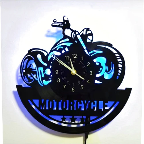 BOVIZIPY Motorcycle Style Vinyl Record Wall Clock, 12 Inch,Night Lamp 7-Color Luminous LED Home Art Decor Wall Clock,Gift for Men/boy/dad/Husband/boyfrend.Black Glue Art Decor Gift.
