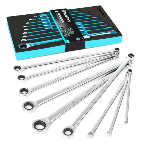 DURATECH Extra Long Ratcheting Wrench Set, Double Box End Wrench Set, Metric, 9-Piece, 8,10,12,13,14,16,17,19,22 mm, CR-V Steel, with EVA Foam Tool Organizer