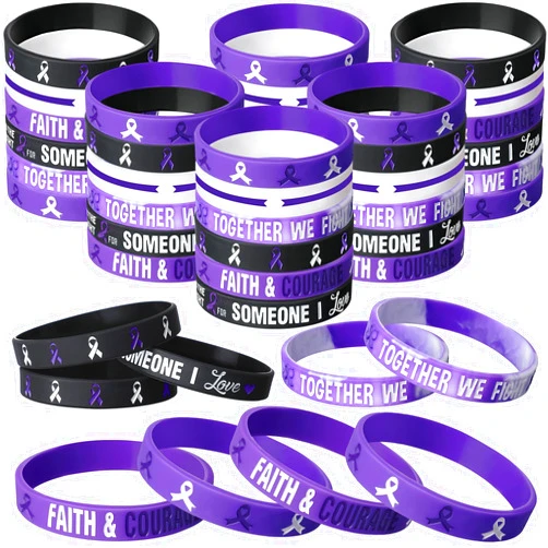 Aoriher Purple Ribbon Awareness Bracelets Silicone Wristbands Hope Strength Faith Courage Health Awareness Bracelet Unisex Raise Awareness for Animal Abuse, Alzheimer's, Lupus and Pancreatic Cancer (30 Pcs)