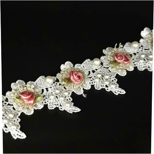URIMPAVIDO 1 Yard Vintage White Pearl Beads Rose Flowers Embroidered Lace Edge Trim Fabric Floral Appliques Lace Ribbon Bridal Handmade Sewing Craft for Wedding Bridal Dress Clothes Hat Decoration (White)