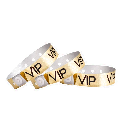 WristCo Premium Holographic Gold VIP Plastic Secure Snap Wristbands - 100 Count 5/8