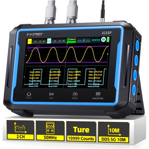FNIRSI 2C53P Handheld Tablet Oscilloscope Multimeter DDS Signal Generator 3 in 1, 2CH Automotive Oscilloscope Multimeters with 50Mhz Bandwidth, 19999 Counts, 250MS/s Sampling, 4.3 inch Touch Screen