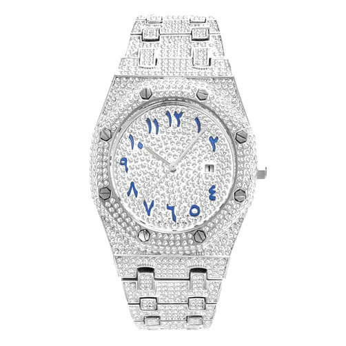 ICEDIAMOND CZ Diamond Charm Quartz Wrist Watch, Iced Out Bright Zircon Stones 43mm Calendar Dial Hip Hop Trend Jewelry Watch for Men
