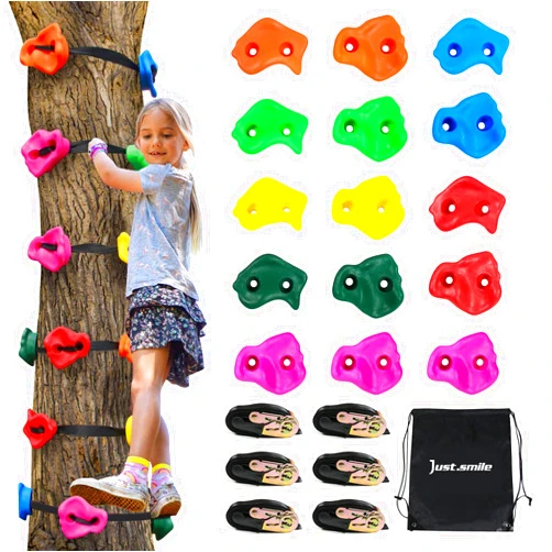 Just.smile Climbing Hold for Kids Outdoor-Ninja Tree Climbing Rocks 15 Pcs with 6 Ratchets-Climbing Grip Kits for Ninja Warrior Obstacle Course