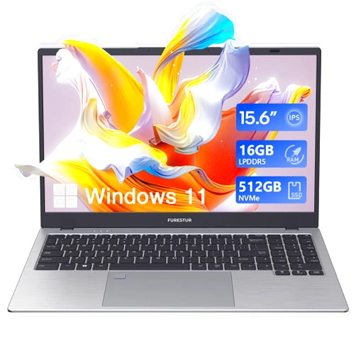FURESTUR Laptop, 15.6 inch Laptop Computer, 16GB LPDDR5 RAM, 512GB NVMe SSD, Quad-Core N100 Processor Win-11 Pro Laptops, FHD IPS Display, Long Lasting Battery, WiFi 6, BT, USB-C, Webcam