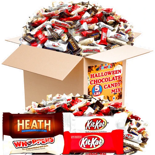 ZompoZ Halloween Chocolate Candy Bulk Mix, 5 Lbs Chocolate Candy Variety Fun Size Milk Chocolate Bars, Trick or Treat, Milk Chocolate Kitkat Bars, White KitKat Bars, Whoppers Malt balls, Heath Candy Bars