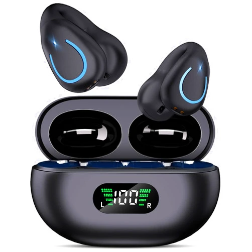 BUABMEQ Open Ear Clip On Earbuds Wireless Bluetooth 5.3 Headphones with LED Digital Display Charging Case Button Control Bone Conduction Sport Earphones Built-in Mic IPX7 Waterproof for Running Fitness,Black
