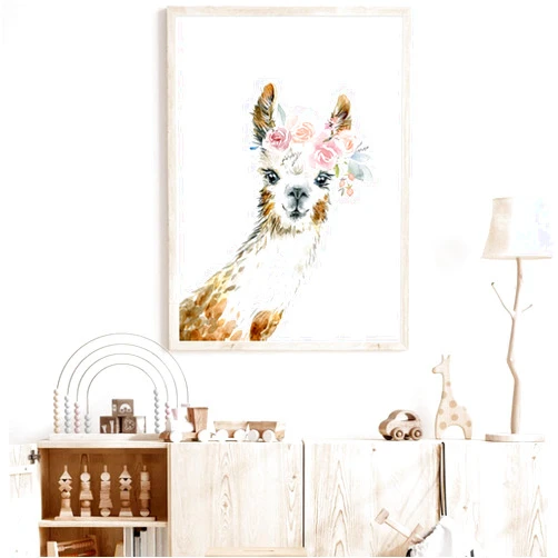 Tanmart Llama Nursery Wall Art Llama with Flower Canvas Art Llama Pictures Wall Decor Coloring Alpaca Mural Artwork Flower Nursery Poster Cute Animal Prints Decor for Bedroom Living Room 16x24 Inch Unframed