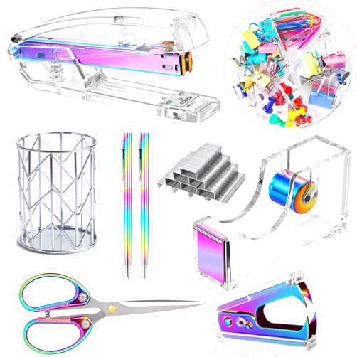 Famassi Dream Color Acrylic Stapler and Tape Dispenser Set, Office Supplies with Tape Dispenser, Stapler Remover, 2 Ballpoint Pen, Scissor, Binder Clips, Paper Clips and 1000pcs Staples