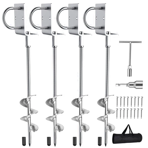 Phopich Multi-Purpose Ground Anchors Screw in, Fully Welded Heavy Duty Trampoline Stakes with Brackets, T-Wrench and Adapter for Drill, Earth Anchor kit for Mobile Home, Trampoline, Shed