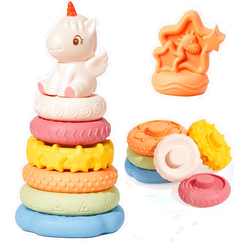 BUTI4WLD 8 Piece Stacking & Nesting Baby Toys, No Hole Stacks of Circles Soft Teething Toy and Building Circle with Pink Horse Figure, Newborn Essentials for 6 12 18 Months Boys Girls