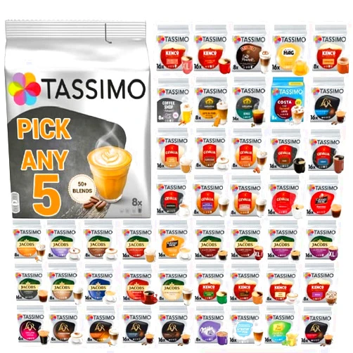 Stormbrew Tassimo Coffee, Tea, Chocolate Pods. Pick Any 5 Packs from 50+ Blends Including Kenco, Costa, Jacobs, Hot Chocolate, Chai latte, Baileys, Cadbury, Milka, Oreo, Twinings, Cafe Hag and More.