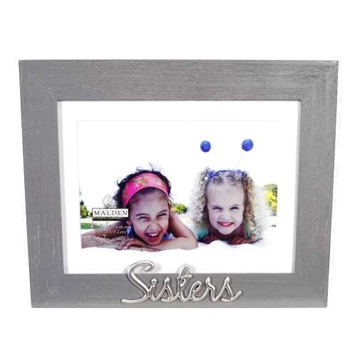 Malden International Designs 4x6 or 5x7 Sisters Distressed Expressions Picture Frame Silver Finish Sisters Word Attachment Gray Textured Wood Grain Finish MDF Frame White Beveled Mat