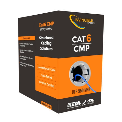 Invincible Cables Cat6 Plenum (CMP) 1000ft Cable | Fluke DSX-8000 Certified Upto 100m | 550 MHz, 23AWG, 4 Pair, UTP | The US's Most Accredited CCA Cable | Blue (Also Available in Black & White)