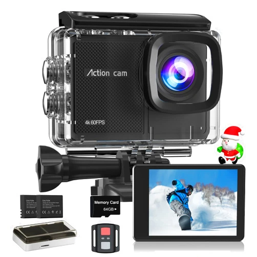Camlance 4K 60FPS Action Camera with 64GB Card-48MP Waterproof Camera,40M Underwater Camera,8X Zoom,EIS Stabilization,WiFi,Remote Control,MotorcycleCamera with 2 Rechargeable Batteries