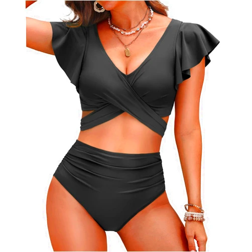 Yonique Women High Waist Bikini Sets - Two Piece Ruffle Tummy Control Swimsuits Bathing Suit