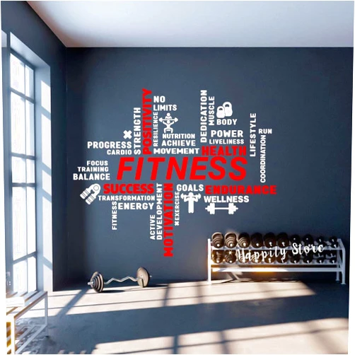 UILMNIY Fitness Motivation Wall Decal, Gym Word Cloud Design Vinyl Wall Art for Exercise Room.Workout Bodybuilding Wall Sticker,59x43.3inch Size (White and Red)