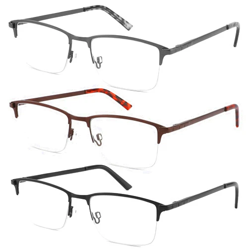 CRGATV 3-Pack Reading Glasses for Men Blue Light Blocking Fashion Metal Half Wide Frame Readers Semi Rimless Eyeglasses