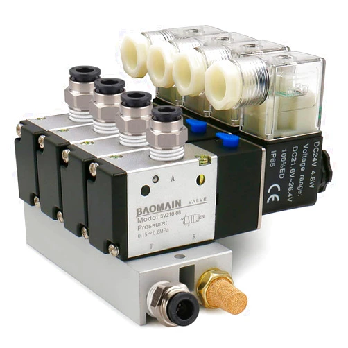 Baomain 4 Space Pneumatic Solenoid Valve 3V210-08 24VDC PT1/4 2 Position 3 Way with Base Muffler Quick Fittings Set