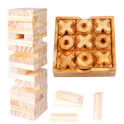 Glintoper Tic Tac Toe & Tumble Tower Blocks Game Set, Classic Wood Stacking & XOXO Strategy Board Game for Travel, Kids Family, Living Room Rustic Coffee Table Decor