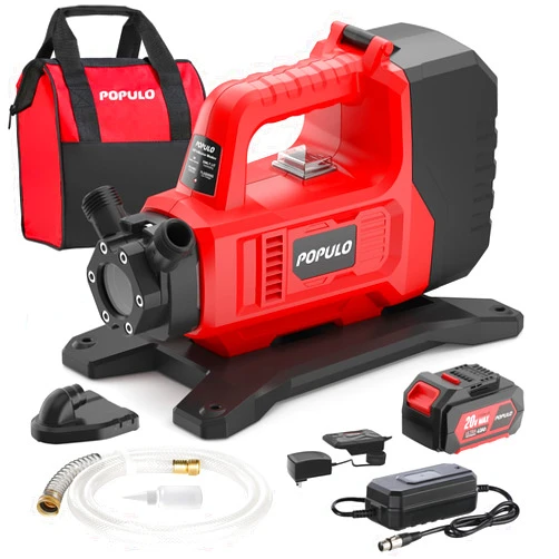 POPULO Hybrid Water Transfer Pump, 120VAC or 20VDC Portable Electric Utility Pump, 4.0AH 325GPH 45FT Electric Cordless Water Pump for Home, Pool, RV, Garden, Tub, Ponds, Tank, Aquariums, Red