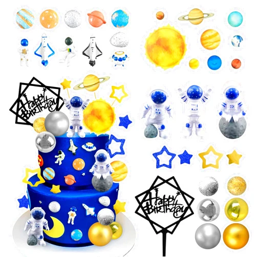 DRWATE 40PCS Astronaut Cake Toppers - Outer Space Astronaut Figurine Meteorite Planet Rocket Stars and Gold Silver Ball Space Theme Cake Decorations for Baby Shower Kids Birthday Party Supplies