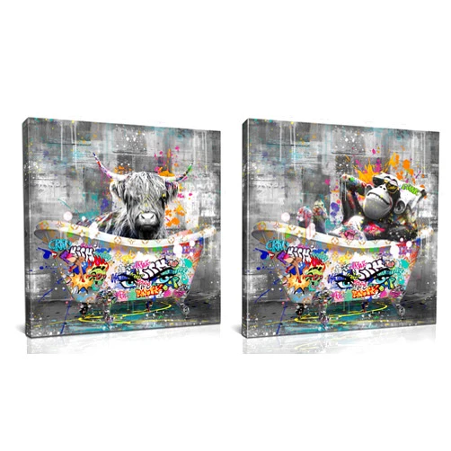 Kepgonegu Bathroom Wall Art Funny Gorilla Highland Cow in the Bathtub Graffiti Canvas Wall Art Size 14x14 and 20x20